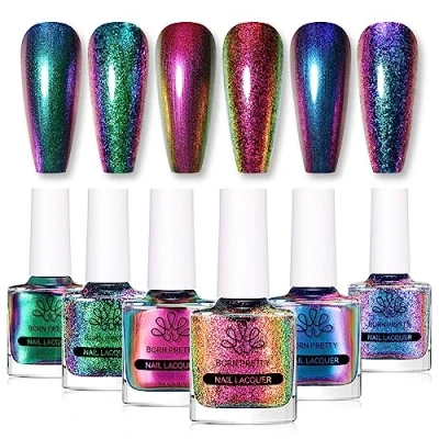 Image of BORN PRETTY Chameleon Nail Polish 6 Colors Holographic Glitter Quick Dry Shimmer Iridescent Chrome Varnish