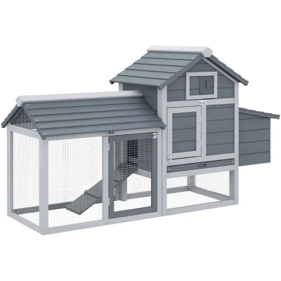 Image of PawHut Small Chicken Coop Hen Cage Nesting Box w/Outdoor Run Grey 150.5x54x87 cm