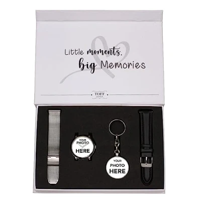 Image of Toff London Gift Set for Women, Personalised, Engraved Silver Ladies Watch Dial with 2 Straps, Custom Photo keyring