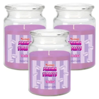 Image of Swizzels Parma Violet Scented Candle Glass Jar Up to 95 Hours Burn (Pack of 3) 510g