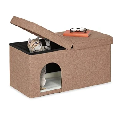 Image of Relaxdays Bench Seat with Cat Cave, Folding, Indoor Pet Hideaway, Ottoman Lid, HWD: 38.5 x 74.5 37 cm, Brown