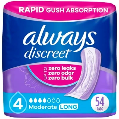 Image of Always Discreet, Incontinence &amp; Postpartum Pads for Women, Size 4, Moderate Absorbency, Long Length, 54 Count