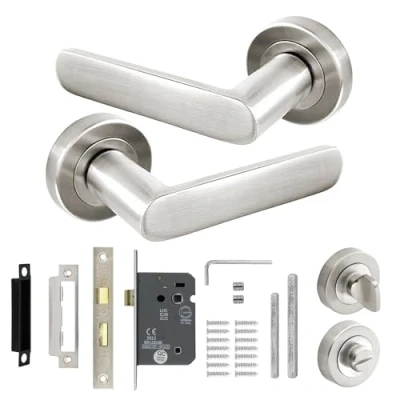 Image of Decoranddecor Echo Satin Nickel Door Lever Handles 54mm Round Rose Aluminium Bathroom Lock Kit