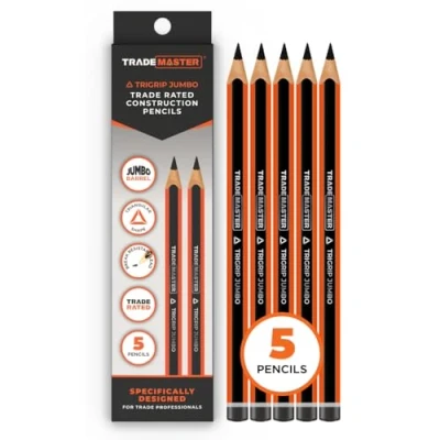 Image of TRADEMASTER Carpenters Pencils Pack of 5 Builders Pencil with TriGrip Jumbo Barrel Construction Having Hard Lead for Marking Wood, Brick, Concrete &amp; Plasterboard Work