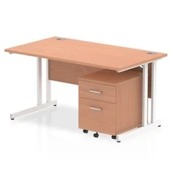 Image of Impulse 1400x800mm Desk Beech Top White Cantilever Leg and Mobile Ped