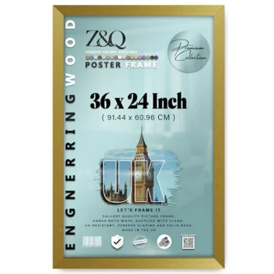 Image of Z&amp;Q Wall Mounted Poster Picture Frame Gold 61x91.5 cm Display Painting Photo Print With HD Clear Perspex Both Ways Hanging Hooks MDF Wood 30x15mm Moulding
