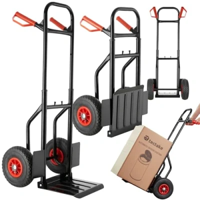 Image of tectake® Heavy Duty Sack Truck with Robust, Telescopic Steel Frame, Folding Loading Shovel, Pneumatic Tyres, Extra Cross Bars &amp; Safety Handles, Easy Assembly Trolley on Wheels 100kg Capacity