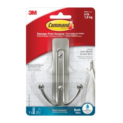 Image of Command Bathroom Large Double Hook, Pack of 1 Hook and 2 Adhesive Strips, Metal Damage Free Hanging Holds up to 1.8 kg, Satin Nickel