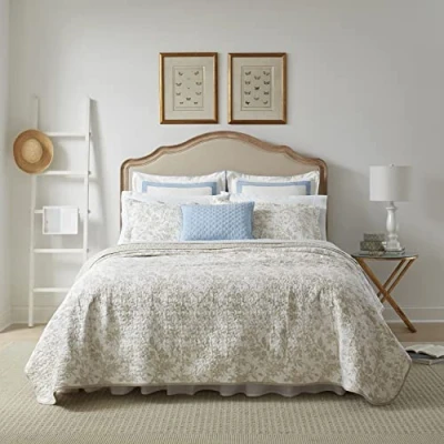 Image of Laura Ashley Cotton Reversible Bedding with Matching Shams, Floral Home Decor for All Seasons, Amberley Beige, Twin