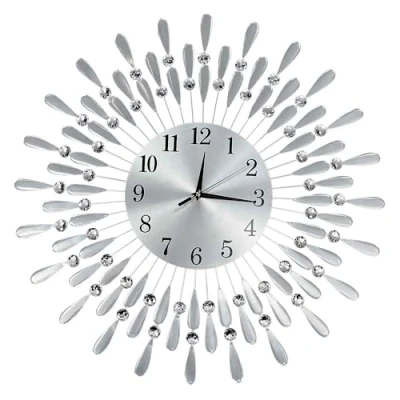Image of Crystals Silver Metal Wall Clock, Large Luxury Handcrafted Art Diamante Beaded Jeweled Sunburst Pattern Retro Style Digital Needle (Sunburst 60 cm)