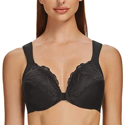Image of MELENECA Front Fastening Bras for Women Plus Size Underwire Unlined Lace Cup Cushion Strap Black 36G