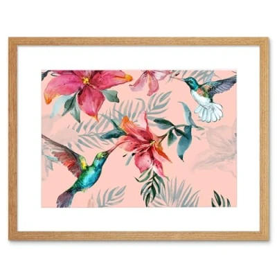 Image of Wee Blue Coo Hummingbirds And Lilies Art Print Framed Poster Wall Decor 9x7 inch