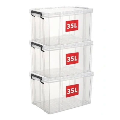 Image of Cetomo 35L*3 Storage Boxes, Stackable Box with Lids, Heavy Duty Lidded Container Reinforced Corners, Vertical Sides and Clip Closure, Durable, Plastic, Clear, 35L 3Pack