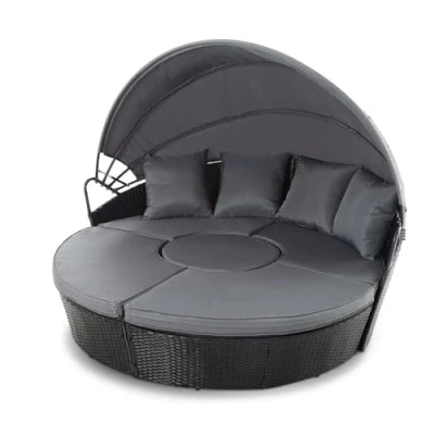 Image of EVRE Seychelles Modular 5 Piece Outdoor Rattan Sectional Day Bed Chair Set with Retractable Canopy and Cushions Round Conversational Wicker Coffee Table (Black)