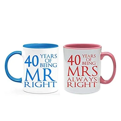 Image of Ruby Anniversary 40 Years of Being Mr Right &amp; Mrs Always Set 2 Wedding Anniversary, Valentines Day, Coloured Couple Mug Set. (40 Years)