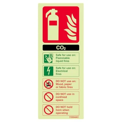 Image of V Safety 11004AC G Glow In The Dark Co2 Id Fire Extinguisher Sign 75mm x 200mm Rigid Plastic, Black/Green/Red