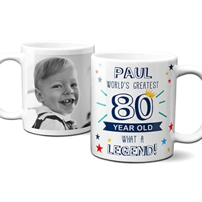 Image of Personalised World’s Greatest Age 80 Mug, 80th Birthday, Photo mug for year old man, cup gift old. Add Name and