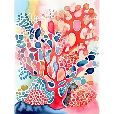 Image of Artery8 Pink And Blue Coral Folk Art Watercolour Painting Unframed Wall Print Poster Home Decor Premium