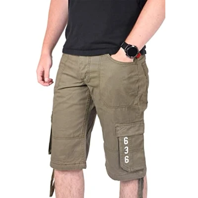 Image of True Face Mens Shorts Cargo Pockets Denim Combat Chino Button Up Flat Front Army Workwear Knee Length Straight Leg Casual Summer Work Half Pants Bottom Size 32 Khaki