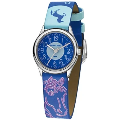 Image of JACQUES FAREL HCC 338 Children&#039;s Watch Horse Stars Purple Blue Analogue Quartz Metal Faux Leather, blue, Strap.