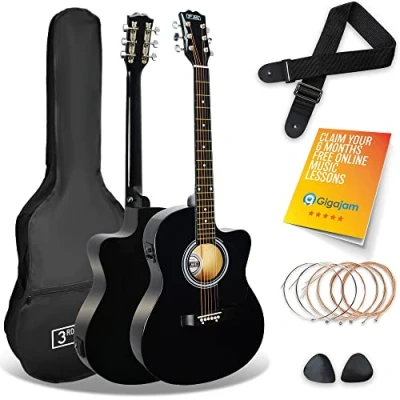 Image of 3rd Avenue Full Size 4/4 Cutaway Electro Acoustic Guitar Pack Bundle for Beginners with 6 Months FREE Lessons, Built in Tuner and EQ Black