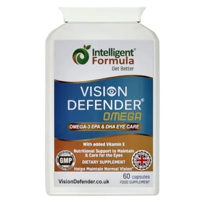 Image of VISION DEFENDER Omega Eye Supplement High Strength 1000mg Pure 3 Fatty Acids Fish Oil (400mg EPA, 200mg DHA per capsule) + Vitamin E Care &amp; Relief for Dry Eyes (60 Softgels) Made in UK