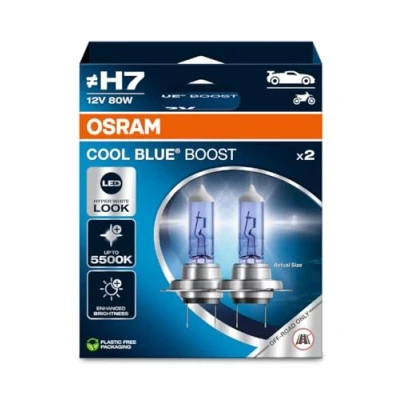 Image of OSRAM COOL BLUE® BOOST, H7, halogen headlight lamps, up to 5500K, Hanging folding box (2 lamps), offroad use only