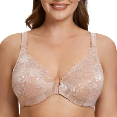 Image of MELENECA Women&#039;s Plus Size Front Closure No Padding Full Coverage Lace Underwire Bra Beige 40DD