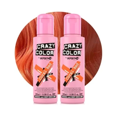 Image of Crazy Color Vibrant Coral Red Semi Permanent Duo Hair Dye. Highly Pigmented Copper Conditioning &amp; Oil Nourishing Vegan Formula No Bleach or Ammonia 200ml