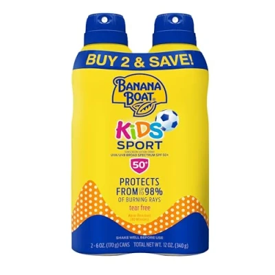Image of Banana Boat Sunscreen Kids Sport, Tear Free Broad Spectrum Spray SPF 50 6 Ounce Twin Pack