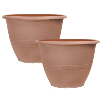 Image of Fyne Finds Set of 2 Peach Terracotta Plastic Plant Pots 30cm, 12inch Tall Round 10L Tub Garden Planters