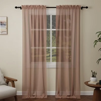 Image of Pacok Mocha Voile Curtains, 108 Drop 2 Panels Net Curtain for Windows, Rod Pocket Sheer Panel Curtains Living Room Kitcken Bedroom W56xL108 Inch(Mocha, 142 x 274cm)