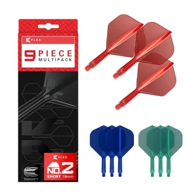 Image of TARGET Darts K Flex Integrated Dart Flights and Shafts, Short Stem (19mm), No.2 Flight, 9 pack Bundle, Red, Blue &amp; Green