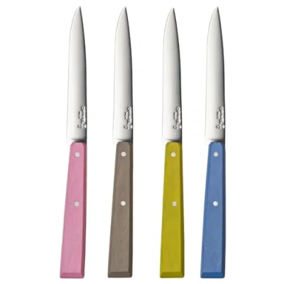 Image of Opinel Table Set No. 125 Bon Appétit Countryside 4 Knives Steak Stainless Steel Blade 11 cm and Wooden Handle Azur, Linden, Grey &amp; Pink
