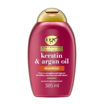 Image of OGX Anti Frizz Keratin Smoothing Oil 5 in 1 Sulfate Free Hair Shampoo, 385ml