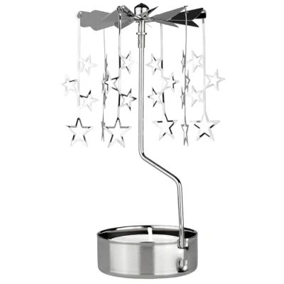 Image of BRUBAKER Tealight Carousel Silver Christmas Metal Lantern Rotating Holder with Stars Candle for Decoration Table