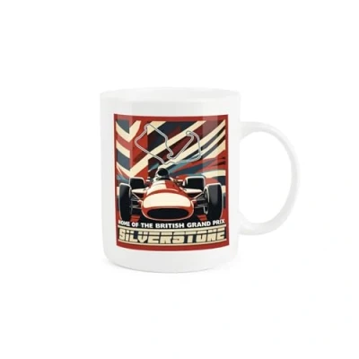 Image of Purely Home Silverstone British Car Racing Mug Grand Prix Retro Poster Style Race Gift/Present Cup Tea/Coffee White Bone China