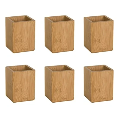 Image of OSCO Bamboo Square Pen Pot 6 Pack Wood Pencil Holder Desk Tidy Office Organiser Makeup Storage Cosmetics Display H10.2 x W7.7 D7.7 cm