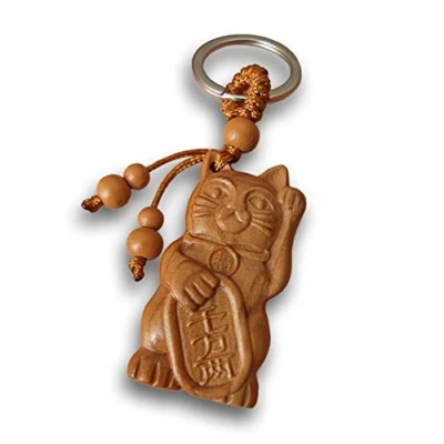 Image of LivelyBuy Lucky Cat Keyring Maneki Neko Fortune Wooden Engraving Animal Keychain Talisman