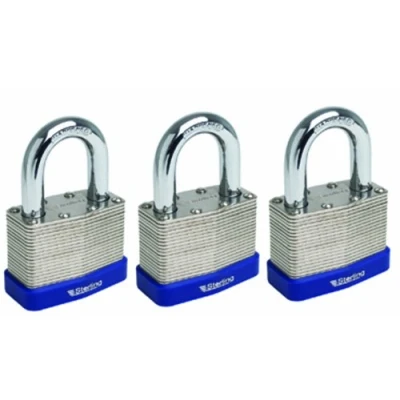 Image of Sterling LPL443 40mm Double Locking Laminated Padlock with All Padlocks Keyed Alike (Set of 3), Chrome and Blue