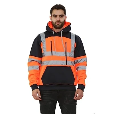 Image of Hi Viz Vis High Visibility Hooded Neck Pullover Sweatshirt Reflective Tape Safety Tablet Hoodie Security Work Winter Wear Workwear Sweater (Orange/Navy X Large)