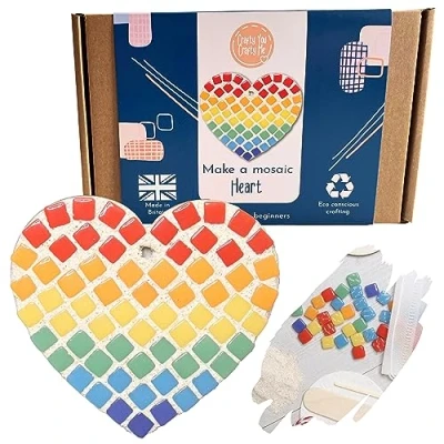 Image of Crafty You Me Rainbow Heart Mosaic Craft Kit Decoration, Arts and Crafts Gift Activity, Made in UK