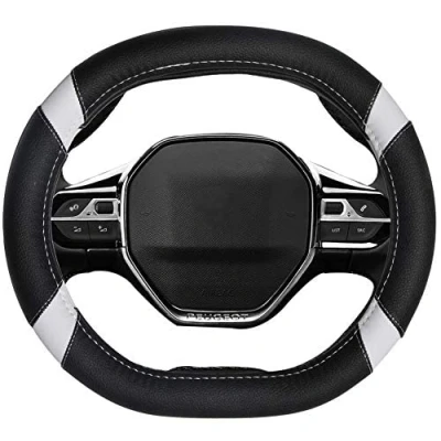 Image of Mayco Bell Microfiber Leather Car Steering Wheel Cover Fit for Peugeot 3008 4008 5008 2016 2019 508 208 e (Black White)