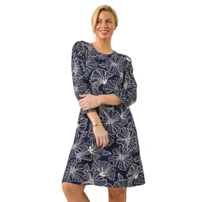 Image of Roman Petite Floral Print Stretch Dress for Women UK Ladies Autumn Everyday Winter Holiday Round Neckline Comfy 3/4 Sleeve Soft Fit &amp; Flare Frock Office Desk Gowns Navy Size 18