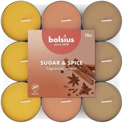 Image of Bolsius 18 Scented Tealights Sugar and Spice Burn time of 3.5 Hours Diameter 38 mm Natural Extracts Contains Vegan Wax Palm Oil Free