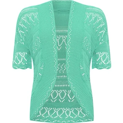 Image of WearAll Womens Plus Size Crochet Knitted Short Sleeve Ladies Open Cardigan Top Mint 18 20