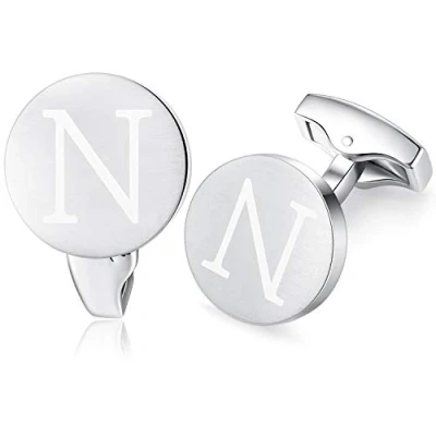 Image of HONEY BEAR Initial Alphabet Letter Cufflinks for Men, Brushed Silver Round Shape Stainless Steel Wedding Business Cufflinks, A Z (N)