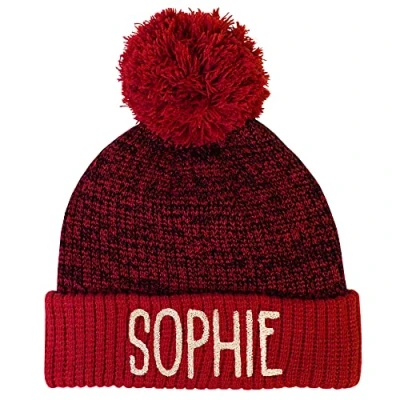 Image of TeddyTs Personalised Child&#039;s Chunky Knit Marl Bobble Hat in Sparkle Gold (Red)