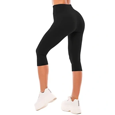 Image of SINOPHANT High Waisted Capri 3/4 Length Leggings for Women, Buttery Soft Elastic Opaque Tummy Control Leggings, Cropped Trousers Workout Gym Yoga(Black, L XL)