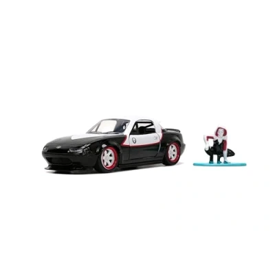 Image of 1990 Miata Black and White with Graphics Ghost Spider Diecast Figure Man Marvel Series 1/32 Model Car by Jada 33662